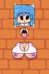 blue_hair breasts fapwall female female_boyfriend_(friday_night_funkin) friday_night_funkin friday_night_funkin_mod glory_hole kaity_xml_(mizanploz) open_mouth shy_jaz stuck stuck_in_wall t-shirt through_wall