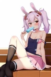 1girls ai_generated azur_lane bra bunny_ears cleavage female laffey_(azur_lane) looking_at_viewer loose_clothes nai_diffusion pink_bra pink_skirt popsicle sitting skirt solo spaghetti_strap stable_diffusion strap_slip sucking thighhighs thighs white_hair young