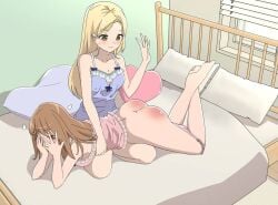 2girls ass bed blonde_hair blush bottomless brown_hair dress eingyeo enjoying_spanking hand_covering_face heart-shaped_pupils heart_pillow leg_cross legs_up long_hair looking_back multiple_girls pillow red spanking window