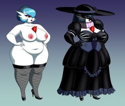 big_breasts blue_hair breasts cleavage clothed clothing crovirus dress female footwear fupa gardevoir generation_3_pokemon genitals hair hat headgear headwear hi_res high_heels legwear mostly_nude nintendo nipples overweight overweight_female pokémon_(species) pokemon pokemon_(species) pussy shiny_pokemon thigh_highs video_games