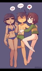 1boy 1girls 2d ambiguous_gender artist_name ass both_eyes_closed boxers boxers_(clothing) bra chara closed_eyes clothes clothing deltarune female frisk heart kris_(deltarune) male male_nipples matching_underwear mob_face nekuzx panties shirt tagme undertale undertale_(series)