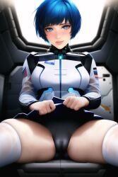 ai_generated bangs black_panties blue_eyes blue_hair blush cameltoe clothed cockpit flashing flashing_pussy futuristic lifting_skirt long_sleeves looking_at_viewer medium_breasts military_uniform nai_diffusion original pale-skinned_female pale_skin panties pixie_cut presenting presenting_panties presenting_pussy sci-fi science_fiction see-through short_hair sitting skirt skirt_lift skirt_up softcore space space_force spaceship spaceship_interior stable_diffusion tagme thick_thighs thigh_highs thighhighs thighs vulva wet wet_panties