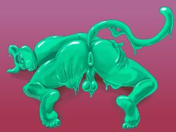 4:3 anthro anus ass backsack balls big_anus big_butt feet felid genitals goo_creature green_body hands hi_res humanoid_feet lickerdemon looking_at_viewer male mammal pantherine presenting presenting_anus puffy_anus slime solo tail