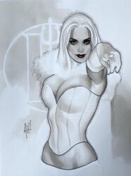 1girls adam_hughes emma_frost female female_only looking_at_viewer marvel marvel_comics pointing_at_viewer traditional_media_(artwork) white_queen x-men