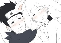 1boy1girl after_sex black_and_white blush boruto:_naruto_next_generations cuddling eeshin_(eishin5584) exhausted happy happy_female kazamatsuri_moegi lying lying_on_back lying_on_person lying_on_side male/female naruto naruto_(series) sarutobi_konohamaru smile straight tired