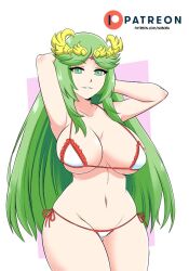 artist_signature bikini blank_background green_eyes green_hair hands_behind_head kid_icarus kid_icarus_uprising large_breasts navel nintendo noboru_revista palutena posing revista_paradoja side-tie_bikini smile wide_hips