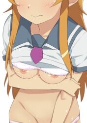 1girls arm_under_breasts blonde_hair bra bra_lift head_out_of_frame highres kirino_kosaka kousaka_kirino long_hair morisobo nipple_slip nipples ore_no_imouto_ga_konna_ni_kawaii_wake_ga_nai panties school_uniform serafuku simple_background solo underwear very_long_hair white_background white_bra white_panties