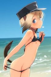 beach bikini blonde_hair blue_eyes breasts clothes_lift erica_hartmann heart looking_at_viewer nipples non-web_source official_art pants_partially_removed shimada_fumikane shirt_lift short_hair small_breasts smile strike_witches swimsuit tail world_witches_series