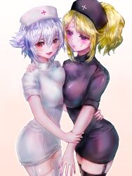 2girls alternate_costume arm_grab big_breasts black_legwear black_thighhighs blonde_hair breast_docking breast_press breast_squish breast_to_breast canon_genderswap embarrassed facial_scar female female_only garter_straps genderswap_(mtf) ginko_sakata gintama gintoki_sakata looking_at_another looking_at_viewer nail_polish nurse nurse_cap nurse_uniform nylons open_mouth ponytail purple_eyes red_eyes rule_63 short_dress short_hair silver_hair smile stockings thighhighs tsukigime tsukuyo white_legwear white_thighhighs yuri zettai_ryouiki