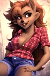 ai_generated anthro brown_eyes cleavage cutoffs flannel_shirt fur furry furry_only grin hand_on_thigh jean_shorts long_hair nai_diffusion nail_polish orange_hair scooby-doo scooby-doo_and_the_ghoul_school stable_diffusion were werecanid werecanine werewolf werewolf_girl winnie_werewolf woods