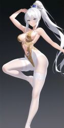 ai_generated blue_eyes commentary_request dance dancer dancer_outfit dancing gold_(metal) gold_bikini gold_clothing large_breasts long_hair nai_diffusion nylons oc original_character pantyhose see-through silver_hair stable_diffusion tagme white_hair