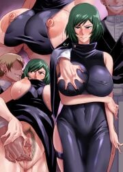 1boy absurdres black_dress blush bob_cut breast_grab breasts breasts_out censored cousin cousins dress ear_piercing faceless faceless_male female female_pubic_hair grabbing green_hair grin haikawa_hemlen highres incest jujutsu_kaisen large_breasts mosaic_censoring multiple_views nipples piercing pubic_hair puffy_nipples pussy pussy_juice smile straight sweat thighlet zenin_mai zenin_naoya