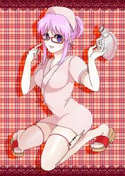 bedpan blue_eyes crouching female female_only full_body garter_straps gintama glasses hair_bun lace-trimmed_thighhighs light_purple_hair looking_at_viewer mole_under_eye nurse nurse_cap nurse_uniform official_alternate_costume pale-skinned_female pale_skin purple_hair red-framed_glasses sandals sarutobi_ayame smile solo stockings thighhighs white_legwear white_thighhighs zettai_ryouiki