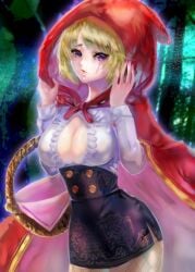 alternate_costume big_breasts blonde_hair cape cleavage cleavage_cutout cloak facial_scar female female_only fishnets gintama high-waist_skirt hood hood_up lace_trim little_red_riding_hood_(copyright) looking_at_viewer miniskirt no_bra painting_(artwork) pencil_(artwork) purple_eyes short_hair solo tsukigime tsukuyo