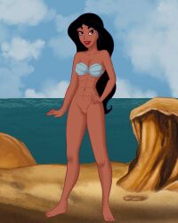 aladdin alluring athletic_female bare_legs beach black_hair brown_eyes disney disney_princess female female_abs fit_female hockeyman975 naked_from_the_waist_down ocean princess_jasmine pussy sea seashell_bra