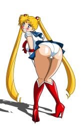 1girls ass big_ass bishoujo_senshi_sailor_moon blonde_hair blue_eyes blush boots circlet clothing elbow_gloves embarrassed female female_only grimphantom high_heel_boots knee_boots looking_back panties rear_view sailor_moon skirt smooth_skin solo twintails underwear usagi_tsukino white_background