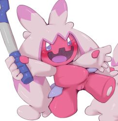 2020s 2022 5_fingers belly bodily_fluids digital_media_(artwork) doneru dwarfism eyelashes female fingers genitals hair hammer humanoid humanoid_genitalia long_hair melee_weapon nintendo noseless not_furry nude open_mouth open_smile pink_body pink_hair pokémon_(species) pokemon pokemon_(species) pokemon_sv pussy short_stack shortstack smile solo tinkaton tools video_games weapon