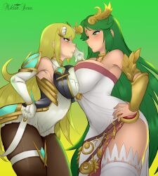 arm_length_gloves asymmetrical_docking bagelbomb blank_background blonde_hair blush breast_envy breast_poke breast_press dress green_hair kid_icarus kid_icarus_uprising large_breasts mikleodeus mythra nintendo palutena pout super_smash_bros. tights xenoblade_chronicles_2