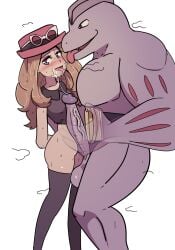 1boy 1girls arms_behind_back balls blonde_hair blue_eyes blush erect_penis female french_kiss hasselnut hat hi_res licking licking_face long_hair long_penis looking_away machoke male naughty_face nintendo no_panties open_mouth penis pokémon_(species) pokemon pokemon_(species) pokemon_xy pokephilia precum precum_on_face precum_trail saliva_trail serena_(pokemon) smile sunglasses sunglasses_on_hat thighhighs tongue veiny_penis white_background wolfgang_bang