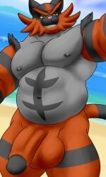 3:5 anthro balls bara beach big_balls big_pecs big_penis black_nipples camp14 generation_7_pokemon genitals hi_res incineroar male male_only musclegut muscular navel nintendo nipples nude pecs penis pokémon_(species) pokemon pokemon_(species) portrait seaside selfie solo three-quarter_portrait video_games