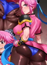 absurdres ass ass_grab blue_panties blush breasts brown_eyes cameltoe clothing dragon_quest dragon_quest_dai_no_daibouken dress female from_behind haikawa_hemlen hair_ornament highres large_breasts light_blush looking_back maam multiple_views open_mouth panties pantyhose pink_hair sweat sweatdrop torn_clothes underwear unseen_male_face