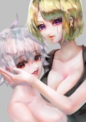 2girls big_breasts blonde_hair bob_cut canon_genderswap cleavage facial_scar female female_only genderswap_(mtf) ginko_sakata gintama gintoki_sakata hair_down hand_on_another's_face hand_on_another's_head looking_at_viewer open_mouth purple_eyes red_eyes rule_63 shiny_hair short_hair silver_hair smile topless_female tsukigime tsukuyo upper_body white_hair yuri