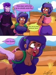 1boy 3_panel_comic anthro ass big_ass big_breasts black_female blush boobs brawl_stars colored comic dark-skinned_female doggy_style female legs light-skinned_male looking_over_eyewear looking_over_glasses looking_over_sunglasses moaning mortis_(brawl_stars) purple-tinted_eyewear purple_hair rosa_(brawl_stars) sex spanish_dialogue spanish_text sunglasses talking_to_another talking_to_partner text thighs tinted_eyewear tongue_out vampire