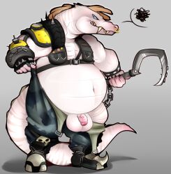 alligator alligatorid anthro ass balls big_balls big_butt blizzard_entertainment chains clothed clothing clothing_aside clothing_lift cosplay costume crocodile crocodilian crocodylid facial_piercing fakeanna genitals hi_res hook male male_only muscular nose_piercing overhanging_belly overwatch overwatch_2 overweight overweight_male penis piercing reptile roadhog scalie slipping slipping_out small_penis solo solo_male thick_tail vein veiny_penis video_games