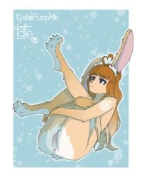 absurd_res anthro anus ass balls balls_blush bangs blush body_blush brown_body brown_eyes brown_fur brown_hair cotton_tail feet femboy floppy_ears fur fur_markings genitals gradient_fur gradient_hair green_eyes hair heterochromia hi_res holding_both_legs holding_leg lagomorph latte_(nekopumpkin) legs_in_air leporid long_hair male mammal markings nekopumpkin nude paws perineum pink_nose presenting rabbit solo toes