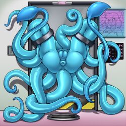 adjatha anus ass blue_skin blue_tentacles female monster pussy sci-fi solo stuck_in_wall tentacle through_wall