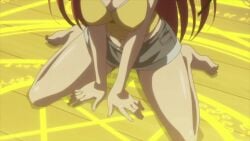 1girls animated anime_screencap ass black_ribbon blue_shorts blush breasts clothing demon_girl denim denim_shorts female large_breasts long_hair mp4 naruse_mio production_ims red_eyes red_hair ribbon shinmai_maou_no_testament short_shorts shorts sitting sound tied_hair twintails video