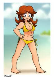 barefoot beach big_breasts bikini breasts brown_hair earrings female female_only lenoxmst mario_(series) nintendo open_mouth pose princess_daisy smile solo tagme yellow_bikini