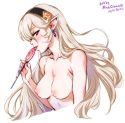 1girls alternate_costume artist_name black_hairband blush breasts candy cleavage collarbone completely_nude corrin_(female)_(fire_emblem) corrin_(fire_emblem) corrin_(fire_emblem)_(female) cropped_torso dated earrings eating female female_only fire_emblem fire_emblem_fates fire_emblem_heroes food hair_between_eyes hairband halloween halloween_costume holding holding_candy holding_food holding_lollipop jewelry licking lollipop long_hair looking_at_viewer medium_breasts minacream nintendo nipples nude nude_female official_alternate_costume pointy_ears purple_nails red_eyes seductive smile solo tongue tongue_out white_background white_hair witch