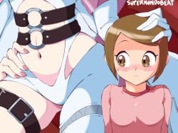 2girls angewomon belt blush brown_eyes brown_hair clothed digimon digimon_(species) digimon_adventure_02 female hand_on_another's_head hand_on_hip head_out_of_frame hikari_yagami human imminent_cunnilingus imminent_sex imminent_yuri implied_yuri looking_at_crotch looking_at_pussy nail_polish navel redraw screencap_redraw short_hair size_difference supermondobeat sweatdrop yuri