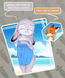 absurd_res anthro beach blush canid canine covering covering_breasts dialogue_box disney duo exposed female fox gesture hi_res judy_hopps lagomorph leporid male male/female mammal nick_wilde rabbit romantic seaside seductive smile towel towel_only translation_request unolvidadomas zootopia