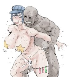 big_breasts blue_hair condom condom_belt cum_in_pussy dark-skinned_male from_behind from_behind_position fucked_silly huge_breasts male muscular_thighs nipple_pasties ntsuki111 persona persona_4 shirogane_naoto sweat tagme thick_thighs ugly_bastard ugly_man used_condom vaginal_penetration