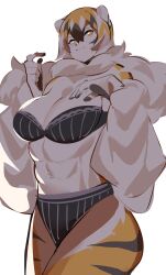 1girls abs amber_eyes anthro arknights aspirindabaitu big_breasts bra breasts female female_only hair_between_eyes medium_hair muscular muscular_female mx99926 panties seductive seductive_pose seductive_smile simple_background smile smug solo solo_female tagme tiger_girl two_tone_hair underwear waai_fu_(arknights) white_background wide_hips