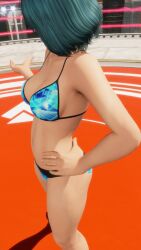 1girls 3d aqua_hair big_breasts bikini blue_bikini busty cleavage dead_or_alive dead_or_alive_xtreme_venus_vacation hand_on_hip hi_res large_breasts navel open_mouth pose posing short_hair smile tamaki_(doa)