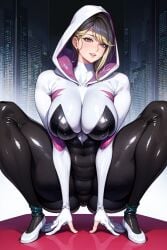 1girls ai_generated big_breasts cleavage crotch crouching curvy curvy_female curvy_figure gwen_stacy large_breasts latex_suit looking_at_viewer marvel marvel_comics seductive_look skin_tight spider-gwen spider-man:_across_the_spider-verse spider-man:_into_the_spider-verse squatting stable_diffusion thick_thighs thighs unartist voluptuous voluptuous_female