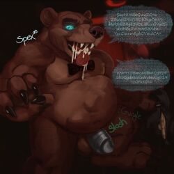 absurd_res anthro balls bear belly big_belly bodily_fluids bow_tie brown_body brown_fur drooling five_nights_at_freddy's freddy_(fnaf) fur genitals gutsybeast hi_res horror_(theme) machine male male_only mammal muscular muscular_male open_mouth penis robot rumbling_stomach saliva same_size_vore scottgames stomach_bulge tongue tongue_out ursid video_games vore