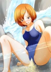 1girls bare_shoulders blush bob_cut brown_hair cameltoe embarrassed feet in_water legs one-piece_swimsuit peeing peeing_into_water peeing_self peeing_underwater pullpull15 swimsuit swimwear urinating urinating_female urination urine urine_stream waterfall