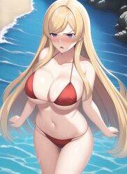 ai_generated beach big_breasts bikini blonde_hair bronze_felix clarisse_(fire_emblem) fire_emblem fire_emblem:_new_mystery_of_the_emblem nai_diffusion stable_diffusion