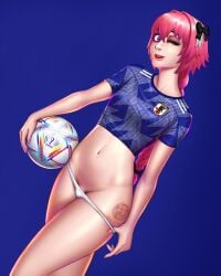 1girls 2022_fifa_world_cup astolfo_(fate) ball fate/grand_order fate_(series) femboy fifa girly highres looking_at_viewer male male_only ohmyseki one_eye_closed otoko_no_ko panties panty_pull pink_hair soccer soccer_ball soccer_uniform sportswear tight trap underwear world_cup