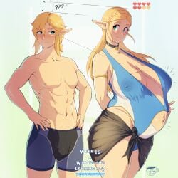 1boy 1girls animated big_breasts bishonen blonde_hair breath_of_the_wild coffeeslice english_text erection fictional_language humanoid hylian lactation lactation_through_clothes link link_(breath_of_the_wild) male pale_skin pregnant princess_zelda sheikah_text text the_legend_of_zelda zelda_(breath_of_the_wild)