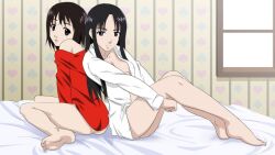 00s 2girls ass barefoot black_hair bottomless breasts feet female_focus hitomi_kashiwa misaki_nakahara multiple_girls naked_shirt nhk_ni_youkoso! on_bed sanshita shirt short_hair soles welcome_to_the_nhk