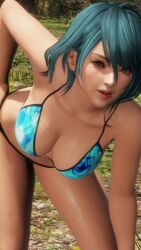 1girls 3d aqua_hair bent_over big_breasts bikini blue_bikini busty cleavage dead_or_alive dead_or_alive_xtreme_venus_vacation green_eyes hand_on_hip hand_on_leg hand_on_own_leg hand_on_own_thigh hand_on_thigh hi_res large_breasts leaning_forward looking_at_viewer open_mouth pink_lipstick pose posing sensual short_hair smile tamaki_(doa)