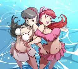 2girls alternate_costume amagi_yukiko atlus big_breasts black_hair breasts female female_only haysey_draws kasumi_yoshizawa large_breasts megami_tensei perineum persona persona_4 persona_5 persona_5_royal ponytail red_eyes red_hair sumire_yoshizawa swimsuit