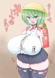 1girls backpack big_breasts blue_eyes blush breasts cleavage clothed clothing eiki_shiki female female_only green_hair hat large_breasts looking_at_viewer open_mouth rimota short_hair simple_background skirt solo solo_female standing thick_thighs thighhighs touhou voluptuous wide_hips