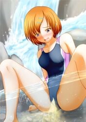 1girls bare_shoulders blush bob_cut brown_hair cameltoe embarrassed feet in_water legs one-piece_swimsuit peeing peeing_into_water peeing_self peeing_underwater pullpull15 swimsuit swimwear urinating urinating_female urination urine urine_stream waterfall