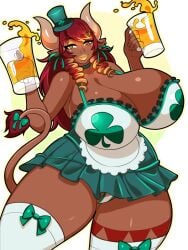 beer big_breasts breasts breasts_bigger_than_head clover_(plant) cow_horns dark-skinned_female dark_skin deztyle earrings excellia_(corruption_of_champions) gold_lipstick green_ribbons hat horn massive_breasts panty_shot red_hair st._patrick's_day yellow_eyes
